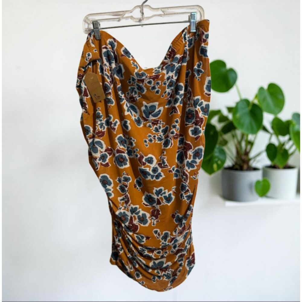 Ava & Viv Mustard Floral Ruched Midi Skirt – Plus Size